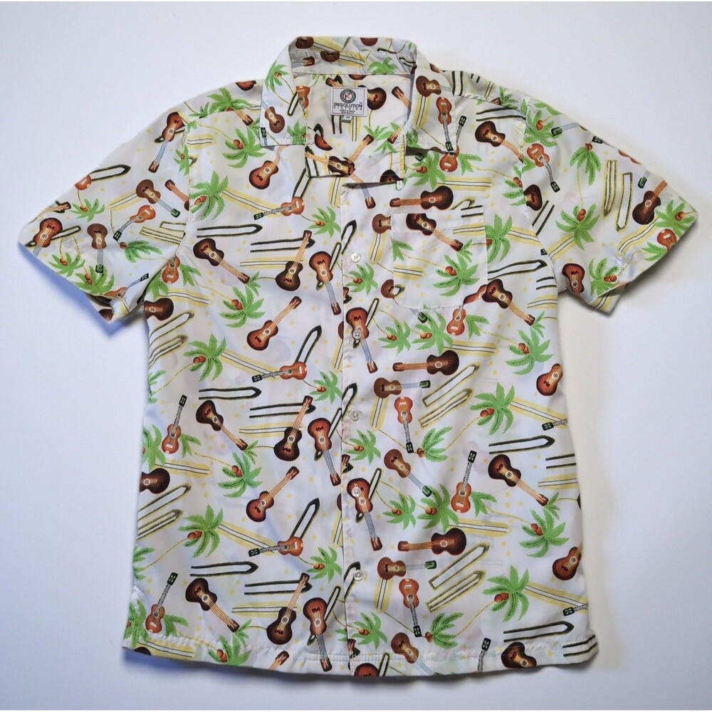 Resolution Men’s MEDIUM Hawaiian Ukulele Resort Button-Up Shirt Guitar Palm Tree